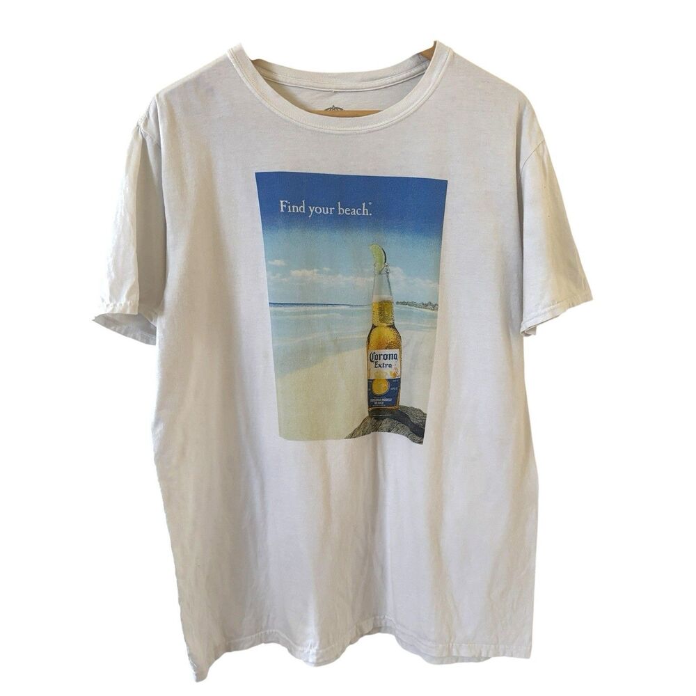 Corona Mens White Shirt Size L Short Sleeve Beer Beach‎ Logo Travel Outdoors USA